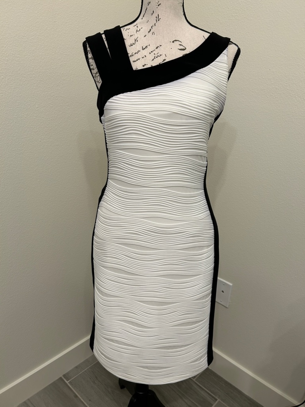 Joseph Ribkoff Black & White One-Shoulder Textured Bodycon Dress